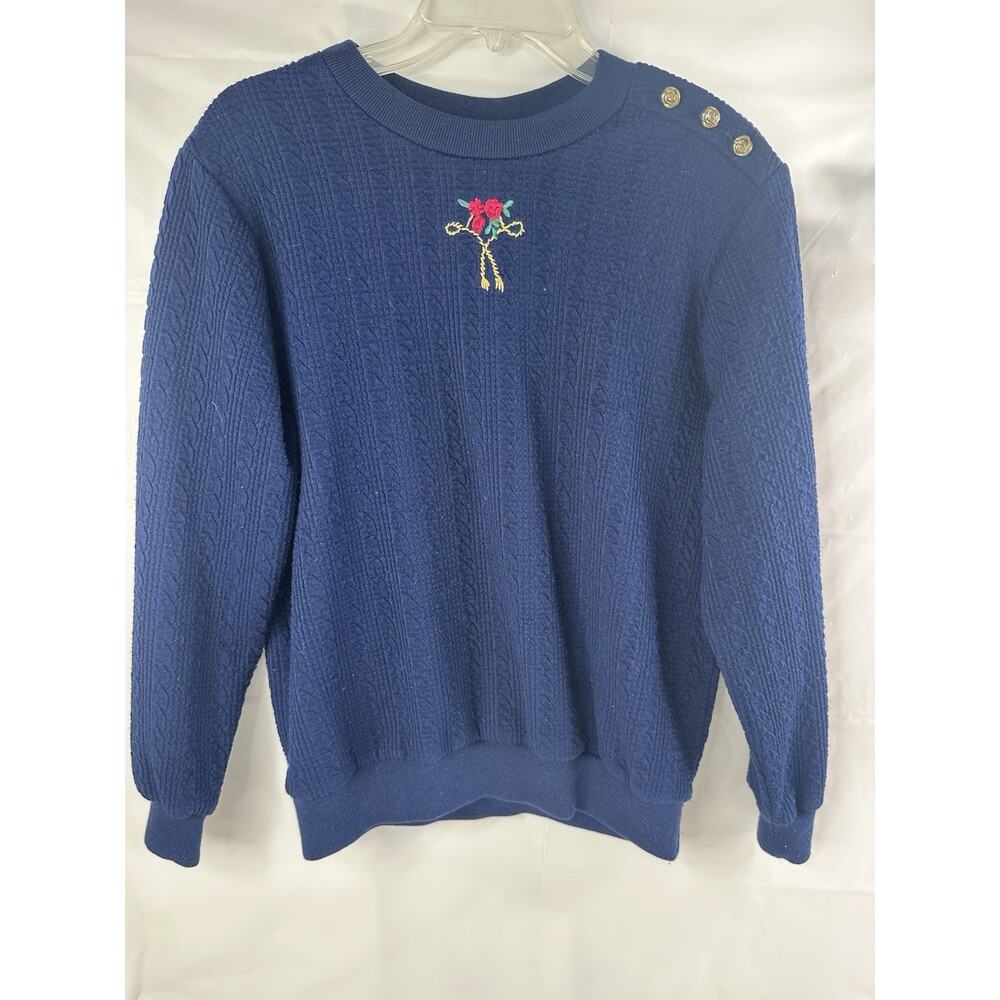 Cricket Lane Womens Vintage Polo Sweater Preppy Tennis 90’s Navy Roses Bow Med